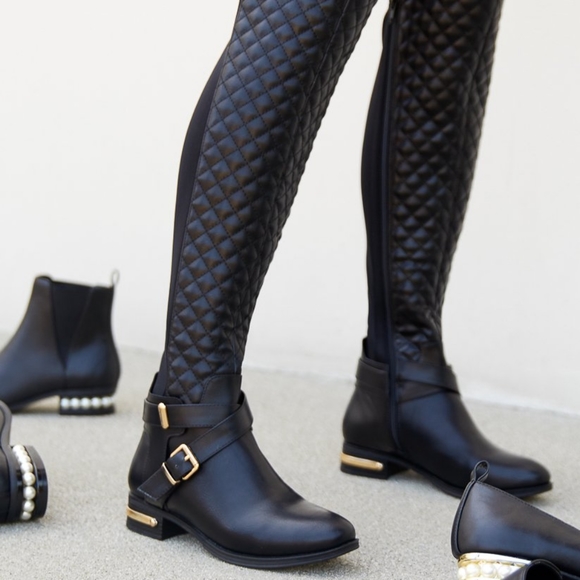 Shoe Dazzle Shoes - NWT Annabeth Quilted Tall Boot Sz 9 Justfab Black Elastic Back Buckles…